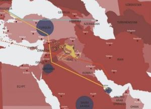 In arancione, il progetto di mega-gasdotto dal Qatar alla Turchia, passando per la Siria, in competizione con quello Iraniano attraverso Iraq e Siria stessa 