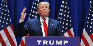Real estate mogul Donald Trump announces his bid for the presidency in the 2016 presidential race during an event at the Trump Tower on the Fifth Avenue in New York City on June 16, 2015. Trump, one of America's most flamboyant and outspoken billionaires, threw his hat into the race Tuesday for the White House, promising to make America great again. The 69-year-old long-shot candidate ridiculed the country's current crop of politicians and vowed to take on the growing might of China in a speech launching his run for the presidency in 2016. "I am officially running for president of the United States and we are going to make our country great again," he said from a podium bedecked in US flags at Trump Tower on New York's Fifth Avenue. The tycoon strode onto the stage after sailing down an escalator to the strains of "Rockin' In The Free World" by Canadian singer Neil Young after being introduced by daughter Ivanka. His announcement follows years of speculation that the man known to millions as the bouffant-haired host of American reality TV game show "The Apprentice" would one day enter politics. Trump identifies himself as a Republican, and has supported Republican candidates in the past. But in his announcement speech he did not explicitly say if he was running for the party's nomination or as an independent.AFP PHOTO/ KENA BETANCUR        (Photo credit should read KENA BETANCUR/AFP/Getty Images)