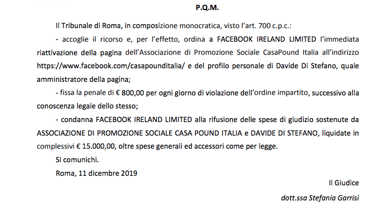 sentenza Facebook CasaPound