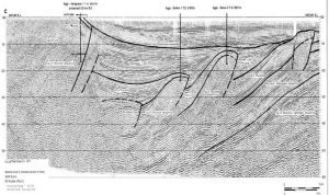 Sezione sismica della Pianura Padana che evidenzia alcuni thrust petroliferi.