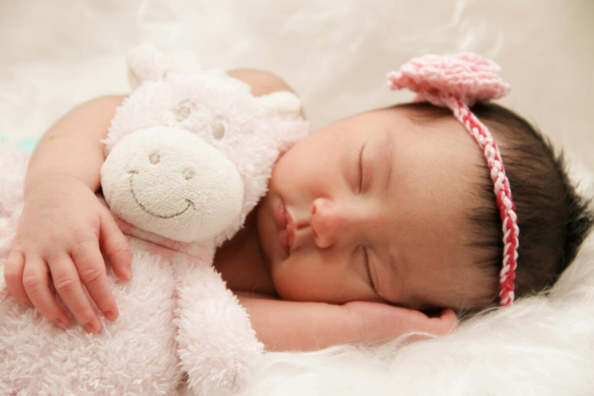 baby sleeping with animal plush toy