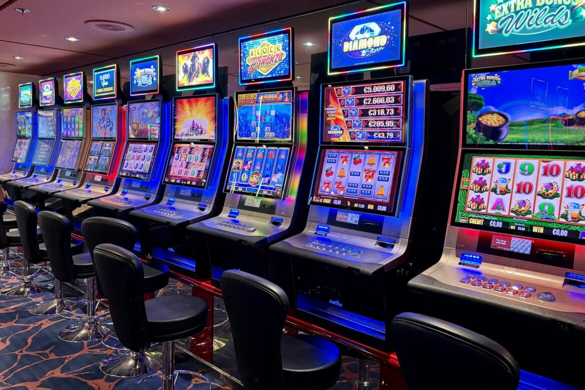 vibrant casino slot machines indoors at night