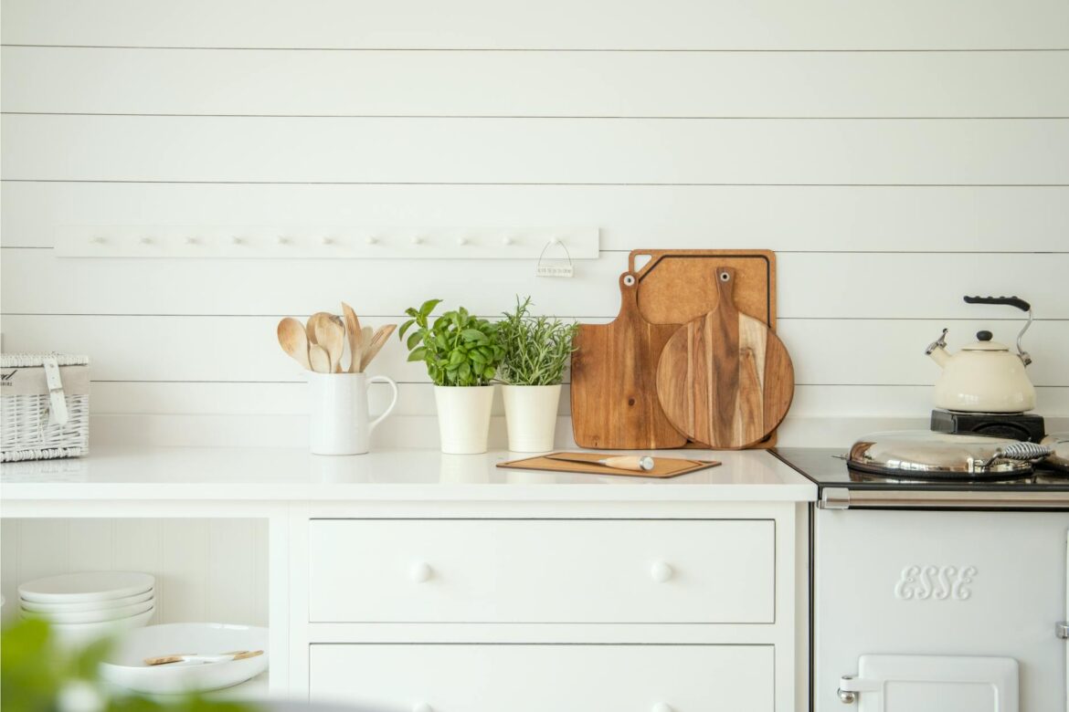 basil and rosemary growing in pots on kitchen counter