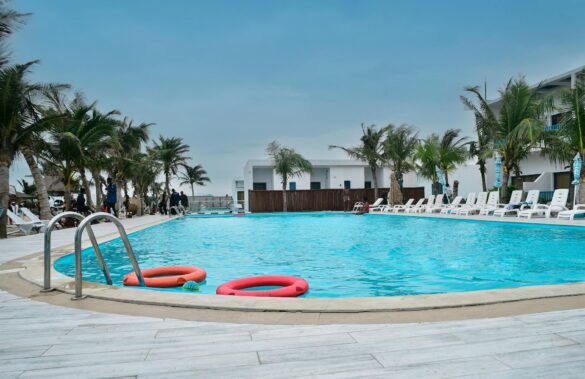 a pool with a lounge chair and palm trees