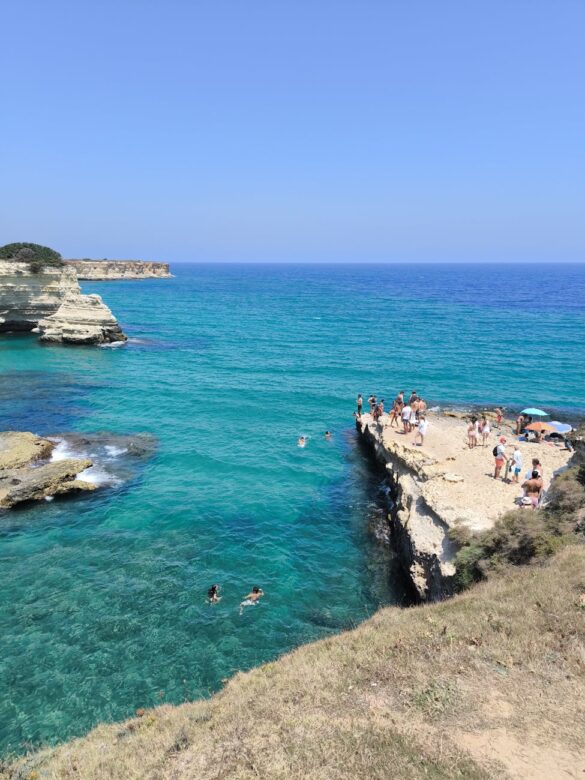 people are swimming in the clear blue water