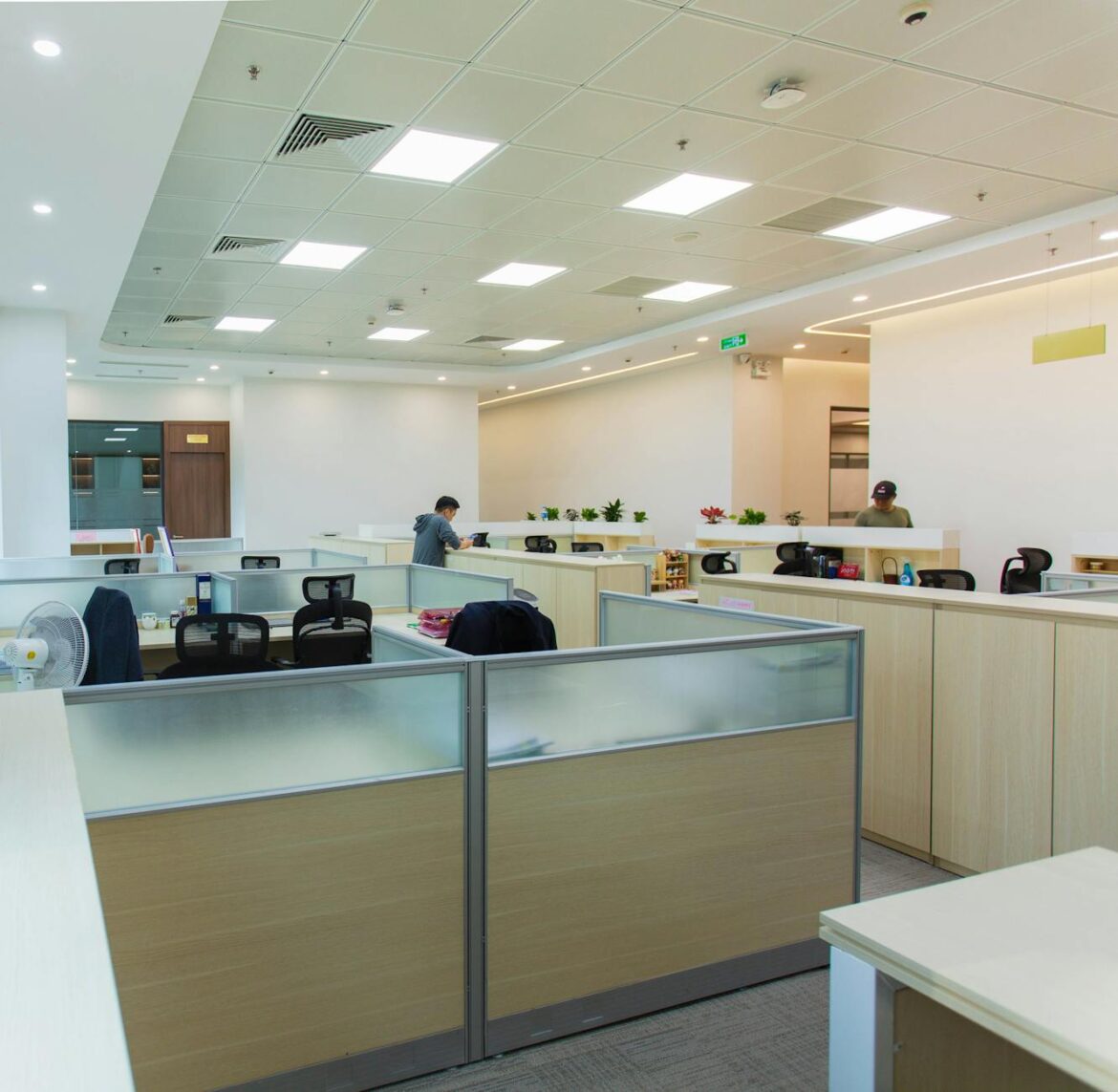 modern open office workspace with cubicles