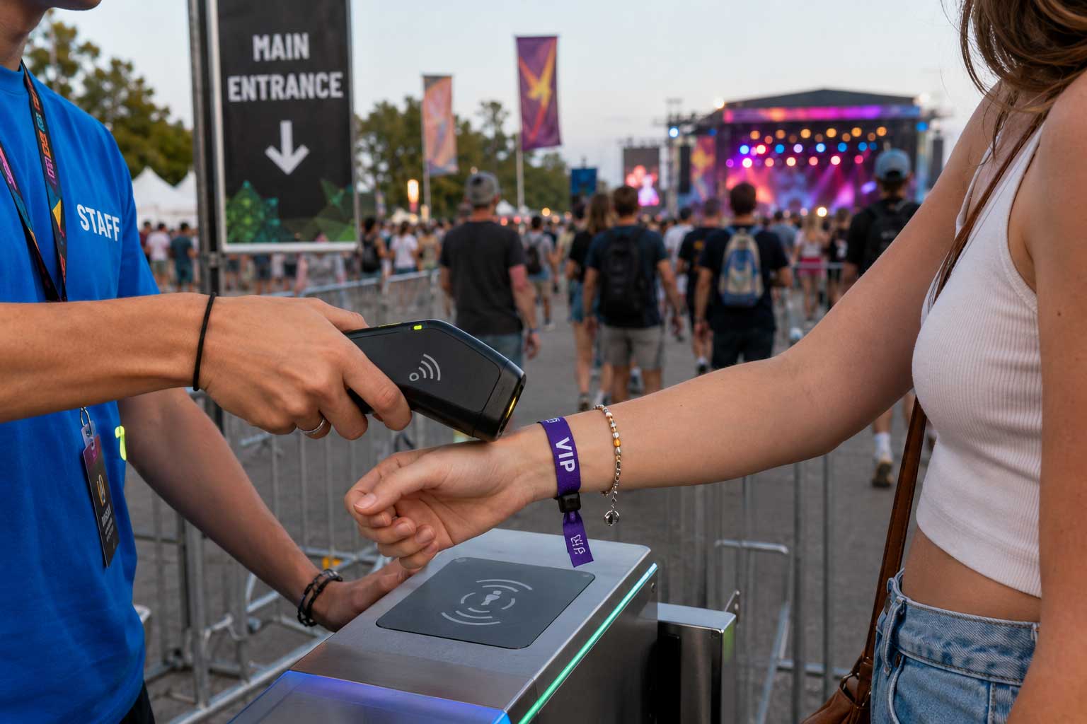 Lettura di un braccialetto RFID al varco principale di un festival