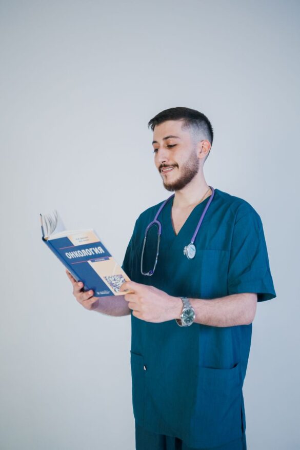 healthcare professional reading medical book