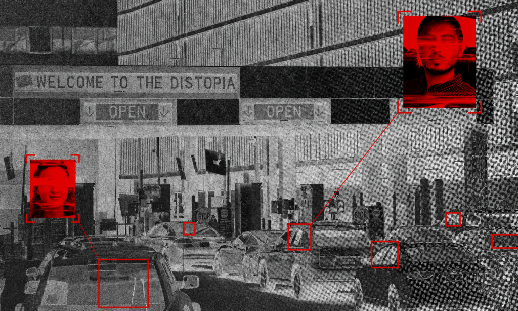 Un gruppo di manifestanti viene sorvegliato da sistemi di intelligenza artificiale, mentre un giornalista critica l'uso di algoritmi per prevenire il crimine